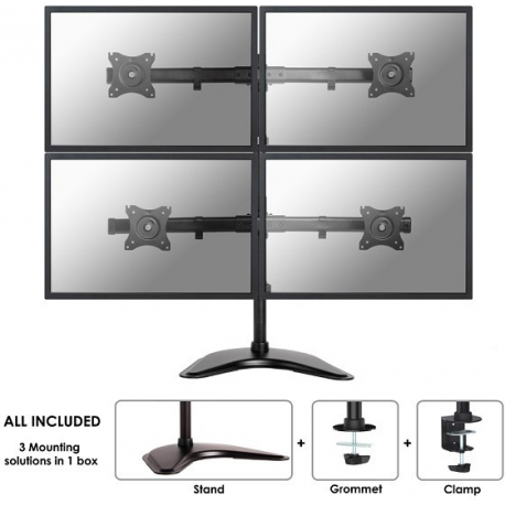 Neomounts by Newstar Select NM-D335D4 - Stand - for 4 LCD displays (full-motion) - black - screen size: 10"-27" - desktop stand, clamp mountable, grommet, desk-mountable - 5