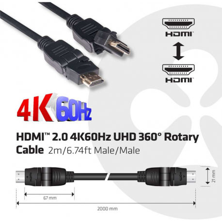Club 3D CAC-1360 - HDMI cable with Ethernet - HDMI male rotating to HDMI male rotating - 2 m - 4K support - 2
