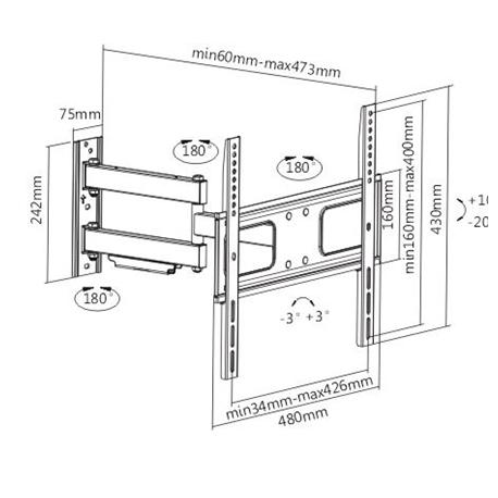 Sunne TV Bracket , 23"-42", max 45kg, Tilt & Swivel, TV to wall 95-475mm - 1