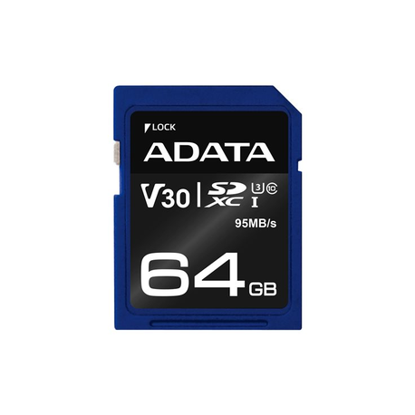 ADATA Premier Pro - Flash memory card - 64 GB - Video Class V30  /  UHS-I U3  /  Class10 - SDXC UHS-I - 0