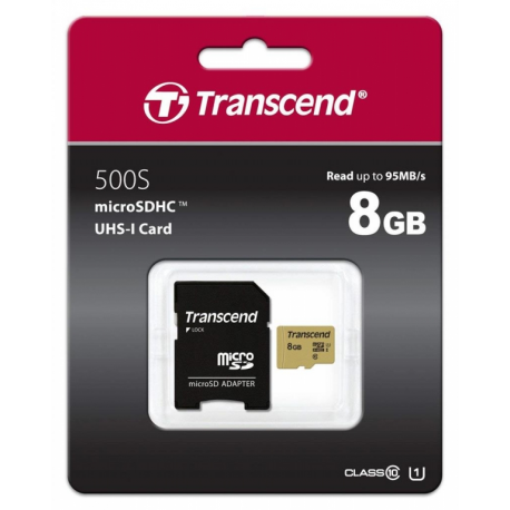 Transcend 500S - Flash memory card (microSDHC to SD adapter included) - 8 GB - Video Class V30 / UHS-I U3 / Class10 - microSDHC - 1