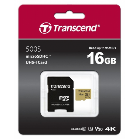 Transcend 500S - Flash memory card (microSDHC to SD adapter included) - 16 GB - Video Class V30 / UHS-I U3 / Class10 - microSDHC - 1