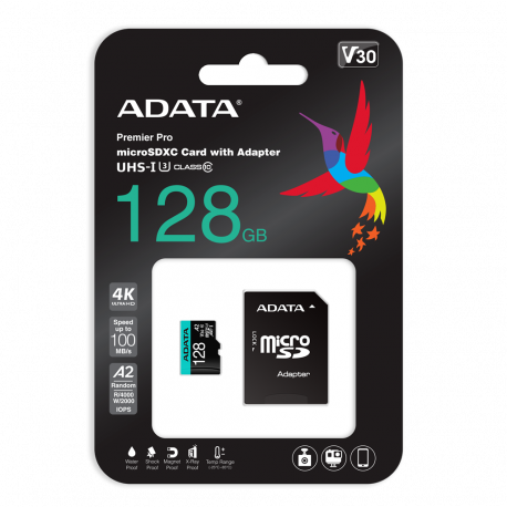 ADATA Premier Pro V30S - Flash memory card (SD adapter included) - 128 GB - A2  /  Video Class V30  /  UHS-I U3  /  Class10 - microSDXC UHS-I - 0