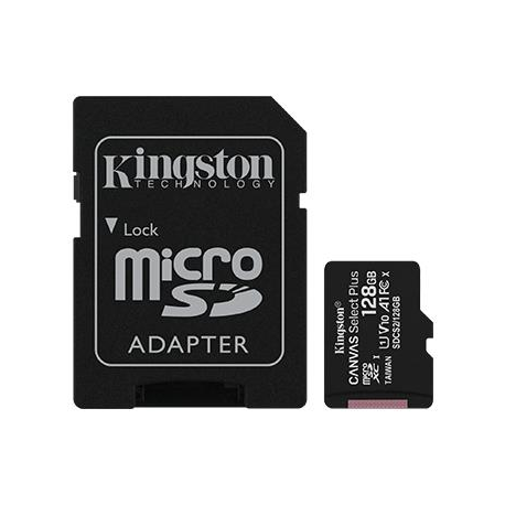 Kingston Canvas Select Plus - Flash memory card (microSDXC to SD adapter included) - 128 GB - A1  /  Video Class V10  /  UHS Class 1  /  Class10 - microSDXC UHS-I - 0