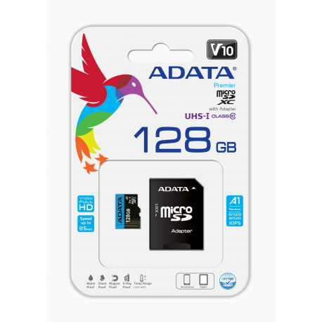 ADATA Premier - Flash memory card (microSDXC to SD adapter included) - 128 GB - UHS Class 1  /  Class10 - microSDXC UHS-I - for retail customers - 3
