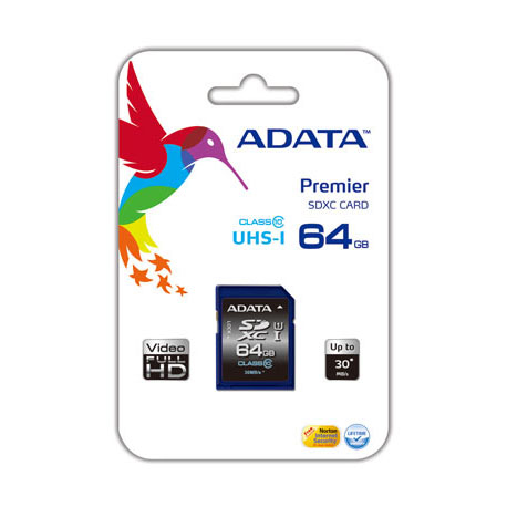 A-data 64GB Premier SDHC UHS-I U1 Card (Class10) read/write speeds of up to 50/33 MB/sec Retail