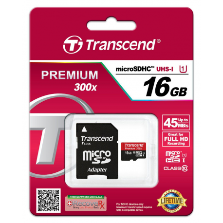 Transcend Premium - Flash memory card (microSDHC to SD adapter included) - 16 GB - UHS-I U1 / Class10 - microSDHC UHS-I - 3
