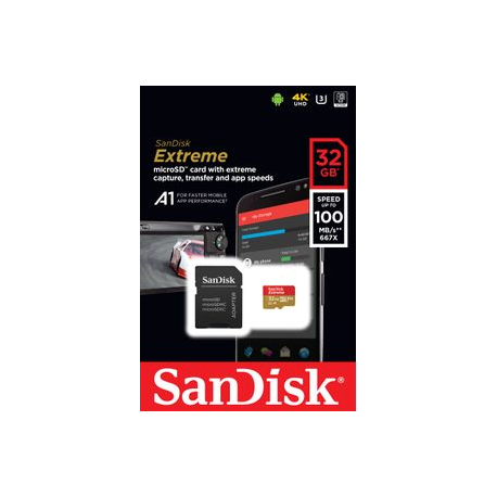 SanDisk Extreme - Flash memory card (microSDHC to SD adapter included) - 32 GB - A1 / Video Class V30 / UHS-I U3 / Class10 - microSDHC UHS-I - 4