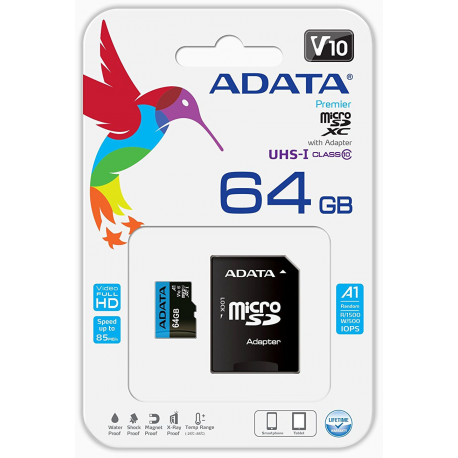 ADATA Premier - Flash memory card (microSDXC to SD adapter included) - 64 GB - UHS Class 1  /  Class10 - microSDXC UHS-I - for retail customers - 4