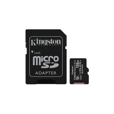 Kingston Canvas Select Plus - Flash memory card (microSDXC to SD adapter included) - 128 GB - A1  /  Video Class V10  /  UHS Class 1  /  Class10 - microSDXC UHS-I - 2