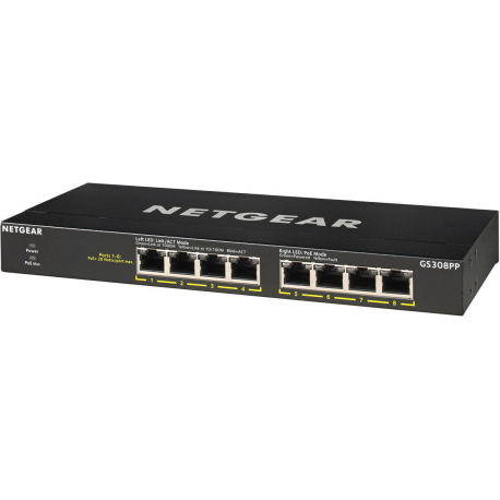 NETGEAR GS308PP - Switch - unmanaged - 8 x 10/100/1000 (PoE+) - desktop, wall-mountable - PoE+ (83 W) - DC power - 1