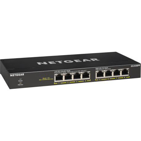 NETGEAR GS308PP - Switch - unmanaged - 8 x 10/100/1000 (PoE+) - desktop, wall-mountable - PoE+ (83 W) - DC power - 2
