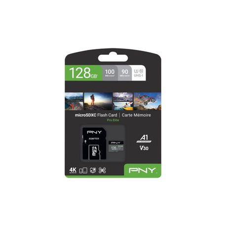 PNY PRO Elite - Flash memory card (microSDXC to SD adapter included) - 128 GB - A1  /  Video Class V30  /  UHS-I U3  /  Class10 - microSDXC UHS-I - 3