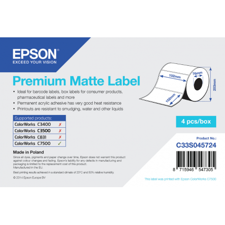 Epson Premium - Matte - permanent acrylic adhesive - 102 x 152 mm 3200 label(s) (4 roll(s) x 800) die cut labels - for ColorWorks C7500, C7500G, CW-C6000Ae, CW-C6000Pe, TM-C7500 - 2