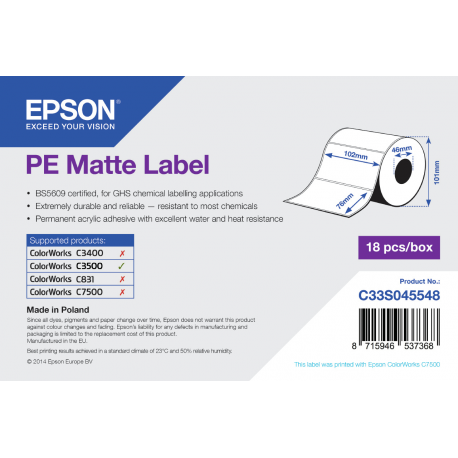 Epson PE - Matte - 102 x 76 mm 365 label(s) (1 roll(s) x 365) die cut labels - for ColorWorks CW-C4000E (BK), CW-C4000E (MK); TM C3500 - 2