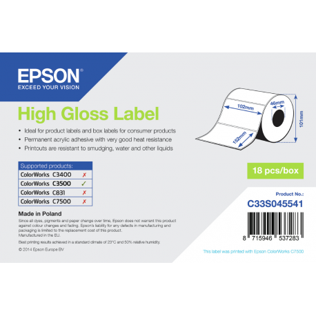 Epson - High-glossy - 102 x 152 mm 210 label(s) (1 roll(s) x 210) die cut labels - for ColorWorks CW-C4000E (BK), CW-C4000E (MK); TM C3500 - 1