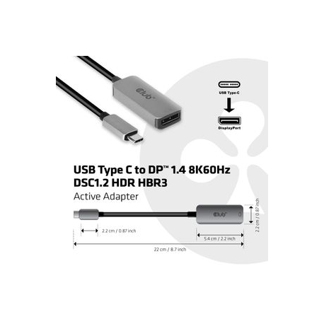 Club 3D CAC-1567 - DisplayPort adapter - USB-C (M) to DisplayPort (F) - DisplayPort 1.4 - 22 cm - active, 8K support - 1