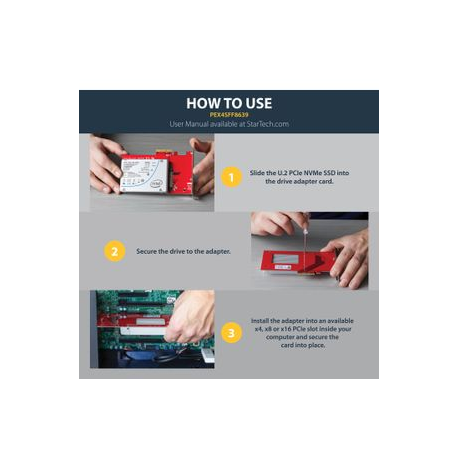 StarTech.com U.2 to PCIe Adapter for 2.5" U.2 NVMe SSD - SFF-8639 - x4 PCI Express 3.0 - Interface adapter - 2.5" - Ultra M.2 Card - PCIe 3.0 x4 - red - for P / N: BNDTB10GI, BNDTB210GSFP, BNDTB310GNDP, BNDTB410GSFP, BNDTB4M2E1, BNDTBUSB3142 - 8