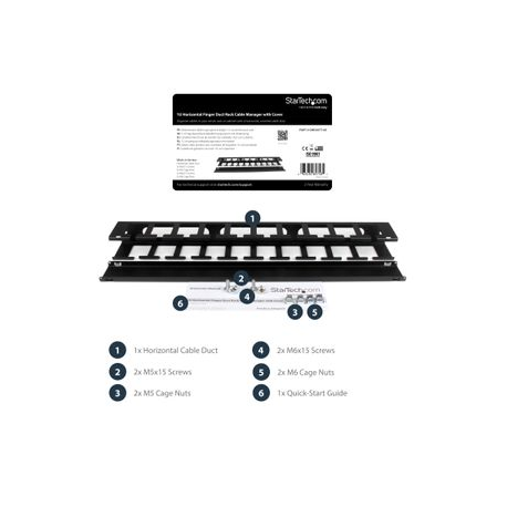 StarTech.com 1U Horizontal Finger Duct Rack Cable Management Panel with Cover - Server Rack Cable Duct - Rack Cable Organizer  /  Manager (CMDUCT1UX) - Rack cable management panel - 1U - 19" - for P / N: RACK-18U-20-WALL-OA, RACK-21U-20-WALL-OA, RACK-24U-20-WALL-OA, RK1836BKF, RK3236BKF - 9