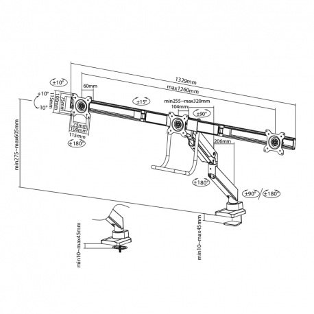 Neomounts by Newstar Select NM-D775DX3 - Mounting kit - for 3 LCD displays (full-motion) - black - screen size: 17"-24" - clamp mountable, grommet, desk-mountable - 6