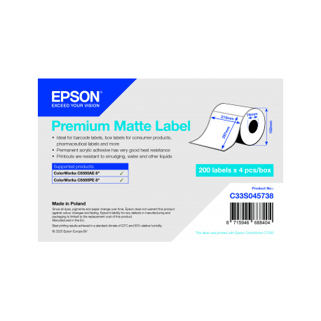 Epson Premium - Smooth matte - permanent acrylic adhesive - bright white - A4 (210 x 297 mm) 800 label(s) (4 roll(s) x 200) die cut labels - for ColorWorks CW-C6500Ae, CW-C6500Pe - 1