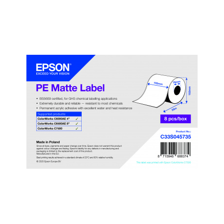 Epson PE - Synthetic - matte - acrylic adhesive - white - Roll (10.2 cm x 55 m) 8 roll(s) continuous labels - for ColorWorks CW-C6000Ae, CW-C6500Ae, CW-C6500Pe, TM-C7500, TM-C7500G - 2