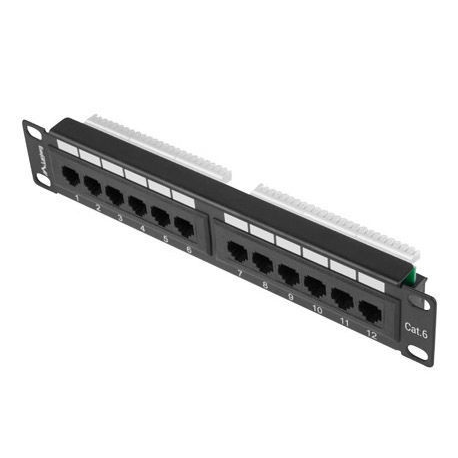 Lanberg PPU6-9012-B - Patch panel - rack mountable - CAT 6 - UTP - RJ-45 X 12 - black, RAL 9004 - 1U - 10" - 0