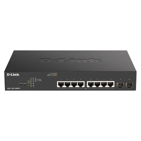 D-Link DGS 1100-10MP - V2 - switch - smart - 8 x 10 / 100 / 1000 (PoE) + 2 x Gigabit SFP - rack-mountable - PoE (130 W) - 0