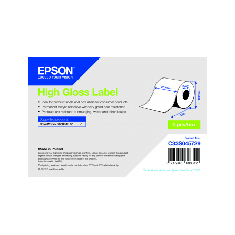 Epson - High-glossy - permanent acrylic adhesive - Roll (20.3 cm x 58 m) 4 roll(s) continuous labels - for ColorWorks CW-C6000Ae, CW-C6000Pe, CW-C6500Ae, CW-C6500Pe - 2