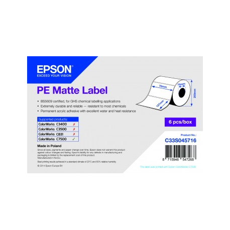 Epson PE - Matte - permanent acrylic adhesive - 76 x 127 mm 5760 label(s) (6 roll(s) x 960) die cut labels - for ColorWorks C7500, C7500G, CW-C6000Ae, CW-C6000Pe, TM-C7500 - 2