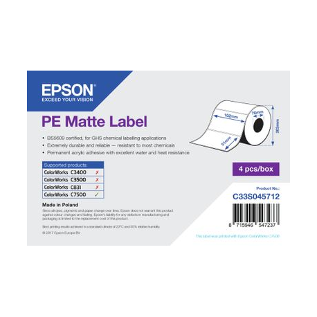 Epson PE - Matte - permanent acrylic adhesive - 102 x 51 mm 9240 label(s) (4 roll(s) x 2310) die cut labels - for ColorWorks C7500, C7500G, CW-C6000Ae, CW-C6000Pe, TM-C7500 - 1