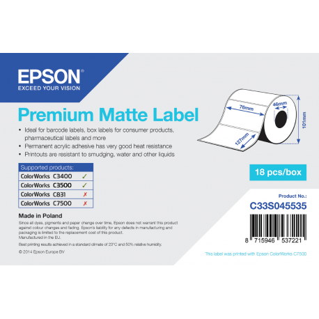 Epson Premium - Matte - 76 x 127 mm 265 label(s) (1 roll(s) x 265) die cut labels - for Epson TM-C3400-LT; ColorWorks CW-C4000E; TM C3400, C3400BK, C3400E, C3400U, C3500 - 2