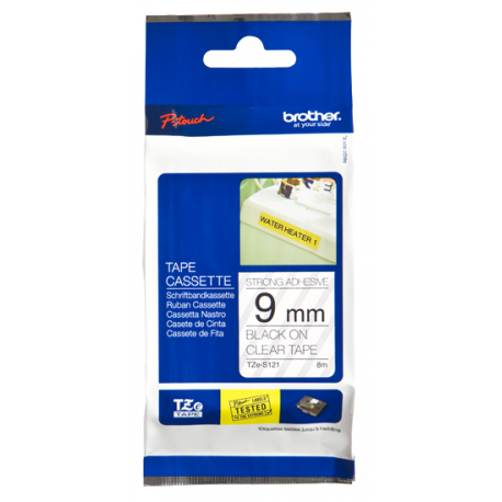 Brother TZe-S121 - Extra strength adhesive - black on clear - Roll (0.9 cm x 8 m) 1 cassette(s) laminated tape - for Brother PT-D210, D600, H110; P-Touch PT-1005, 1880, E800, H110; P-Touch Cube Plus PT-P710 - 2