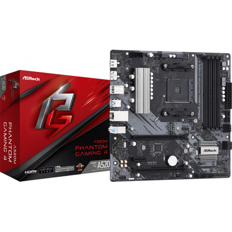 ASRock A520M Phantom Gaming 4 - Motherboard - micro ATX - Socket AM4 - AMD A520 - USB 3.2 Gen 1 - Gigabit LAN - onboard graphics (CPU required) - HD Audio (8-channel) - 4