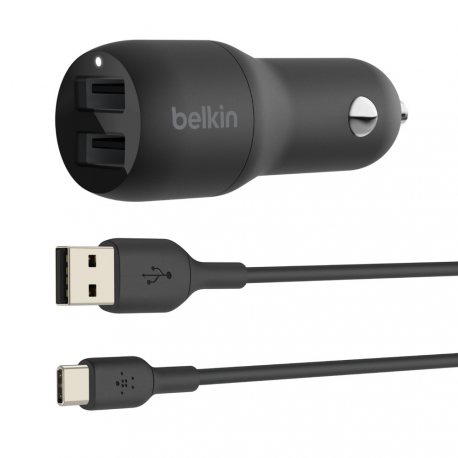 Belkin BOOST CHARGE Dual Charger - Car power adapter - 24 Watt - 4.8 A - 2 output connectors (USB) - on cable: USB-C - black - 2