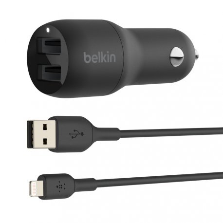 Belkin BOOST CHARGE Dual Charger - Car power adapter - 24 Watt - 4.8 A - 2 output connectors (USB) - on cable: Lightning - black - 4