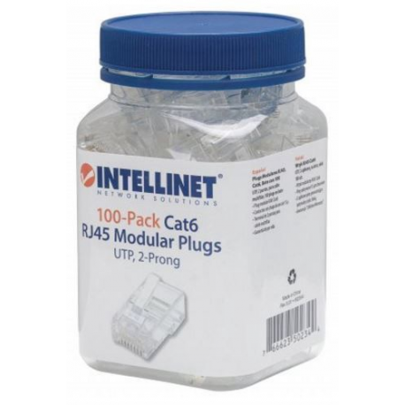 Intellinet RJ45 Modular Plugs, Cat6, UTP, 2-prong, for stranded wire, 15 gold plated contacts, 100 pack - Network connector - RJ-45 (M) - CAT 6 (pack of 100) - 1