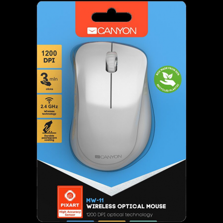 Canyon MW-11 - Mouse - right-handed - optical - 3 buttons - wireless - 2.4 GHz - USB wireless receiver - pearl white - 3