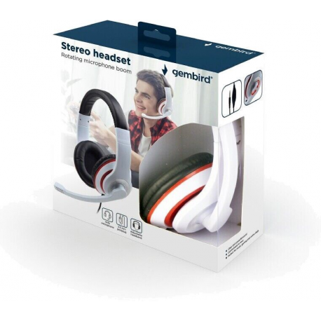 Gembird MHS-03-WTRDBK - Headset - full size - wired - 3.5 mm jack - black, white, red ring - 4