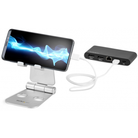 StarTech.com Phone and Tablet Stand, Foldable Universal Mobile Device Holder for Smartphones & Tablets, Adjustable Multi-Angle Viewing Ergonomic Cell Phone Stand for Desk, Portable, Black - Foldable Phone Holder (USPTLSTNDB) - Desktop stand for mobile phone, tablet - up to 13" - black - for P / N: DK30CHPH - 2