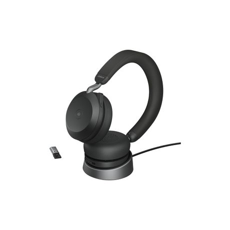 Jabra Evolve2 75 - Headset - on-ear - Bluetooth - wireless, wired - active noise cancelling - USB-A - noise isolating - black - with charging stand - Certified for Microsoft Teams - 3