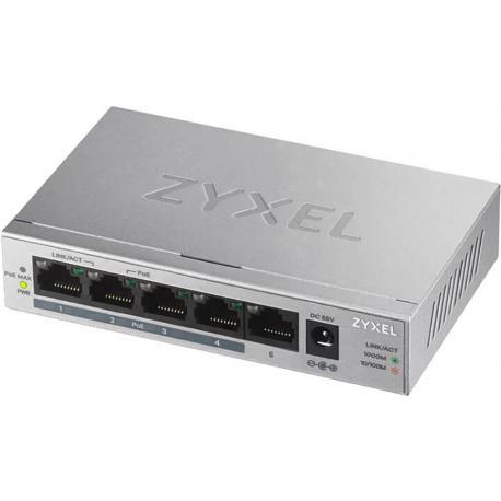 Zyxel GS1005HP - Switch - unmanaged - 4 x 10 / 100 / 1000 (PoE+) + 1 x 10 / 100 / 1000 - desktop, wall-mountable - PoE (60 W) - 7