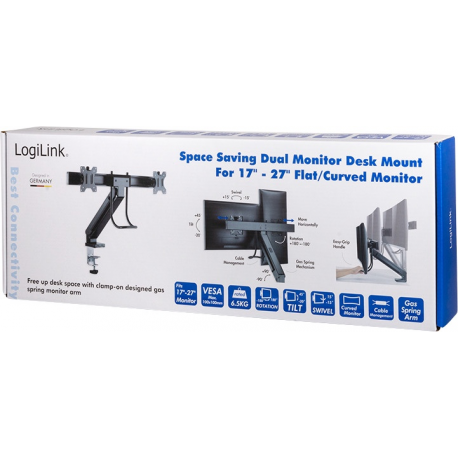LogiLink - Mounting kit - for 2 LCD display/ curved LCD display (space-saving) - black - screen size: 17"-27" - desk-mountable - 8