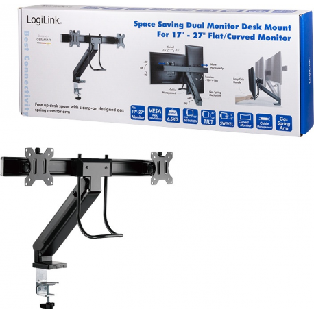 LogiLink - Mounting kit - for 2 LCD display/ curved LCD display (space-saving) - black - screen size: 17"-27" - desk-mountable - 9
