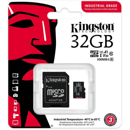 Kingston Industrial - Flash memory card (microSDHC to SD adapter included) - 32 GB - A1 / Video Class V30 / UHS-I U3 / Class10 - microSDHC UHS-I - 5