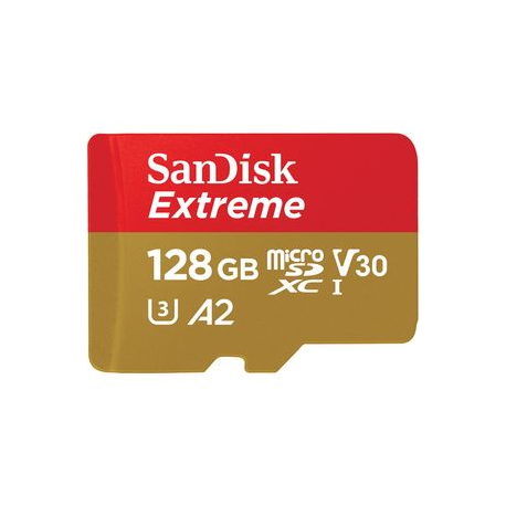 SanDisk Extreme - Flash memory card (microSDXC to SD adapter included) - 128 GB - A2 / Video Class V30 / UHS-I U3 / Class10 - microSDXC UHS-I - 0