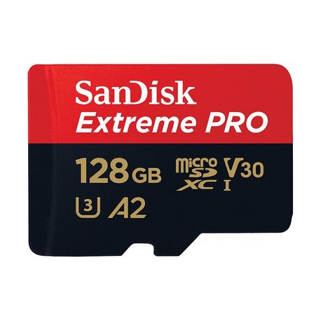 SanDisk Extreme Pro - Flash memory card (microSDXC to SD adapter included) - 128 GB - A2 / Video Class V30 / UHS-I U3 / Class10 - microSDXC UHS-I - 0