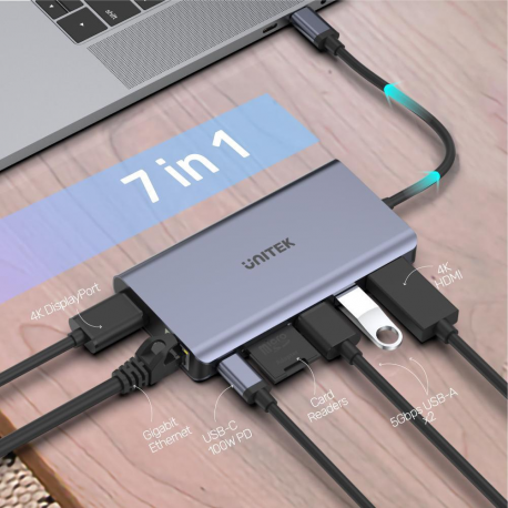 Unitek uHUB S7+ 7-in-1 USB-C Ethernet Hub with MST Dual Monitor, 100W Power Delivery and Card Reader - Docking station - USB-C - HDMI, DP - GigE - 3