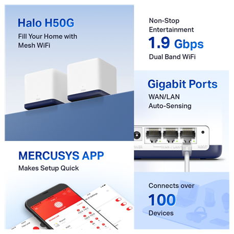 Mercusys Halo H50G V1 - Wi-Fi system (2 routers) - up to 4,000 sq.ft - mesh - GigE - Wi-Fi 5 - Dual Band - 4