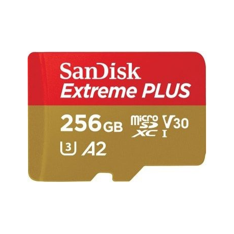 SanDisk Extreme PLUS - Flash memory card (microSDXC to SD adapter included) - 256 GB - A2 / Video Class V30 / UHS-I U3 / Class10 - microSDXC UHS-I - 0